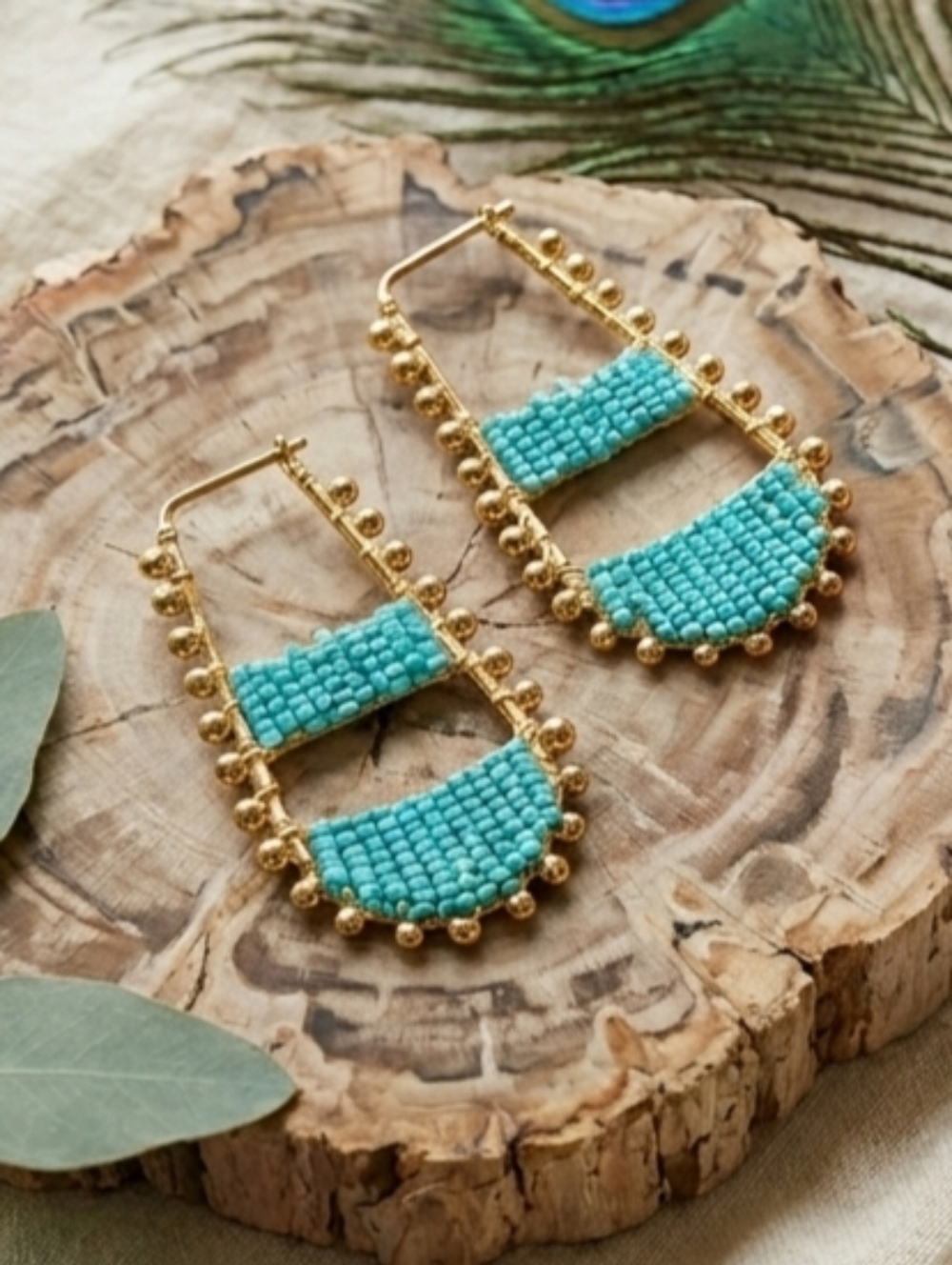 Aqua Beaded Statement Hoop Earrings Handmade Artisan Boho Ethnic Gold Drop - Picture 14 of 16